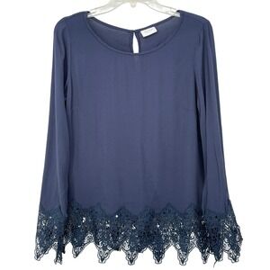 VILA Navy Lace Trim Long Sleeve Blouse M Romantic Feminine Cottagecore Chic